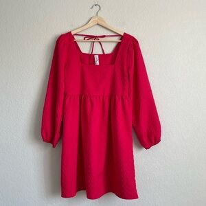 Amadi Dress Womens XS Red Jacquard Square Neck Long Balloon Sleeve Fit & Flare